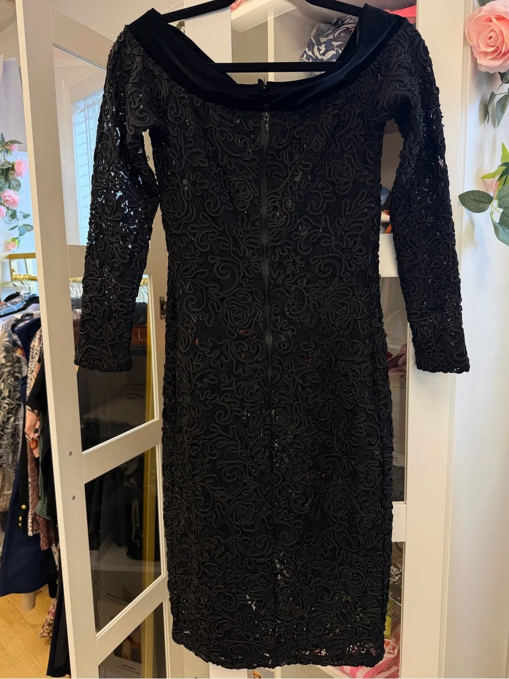 Anne Fontaine Lace Embroidered Semi Sheer Dress Velvet Collar Black Sz 38 US 4 6